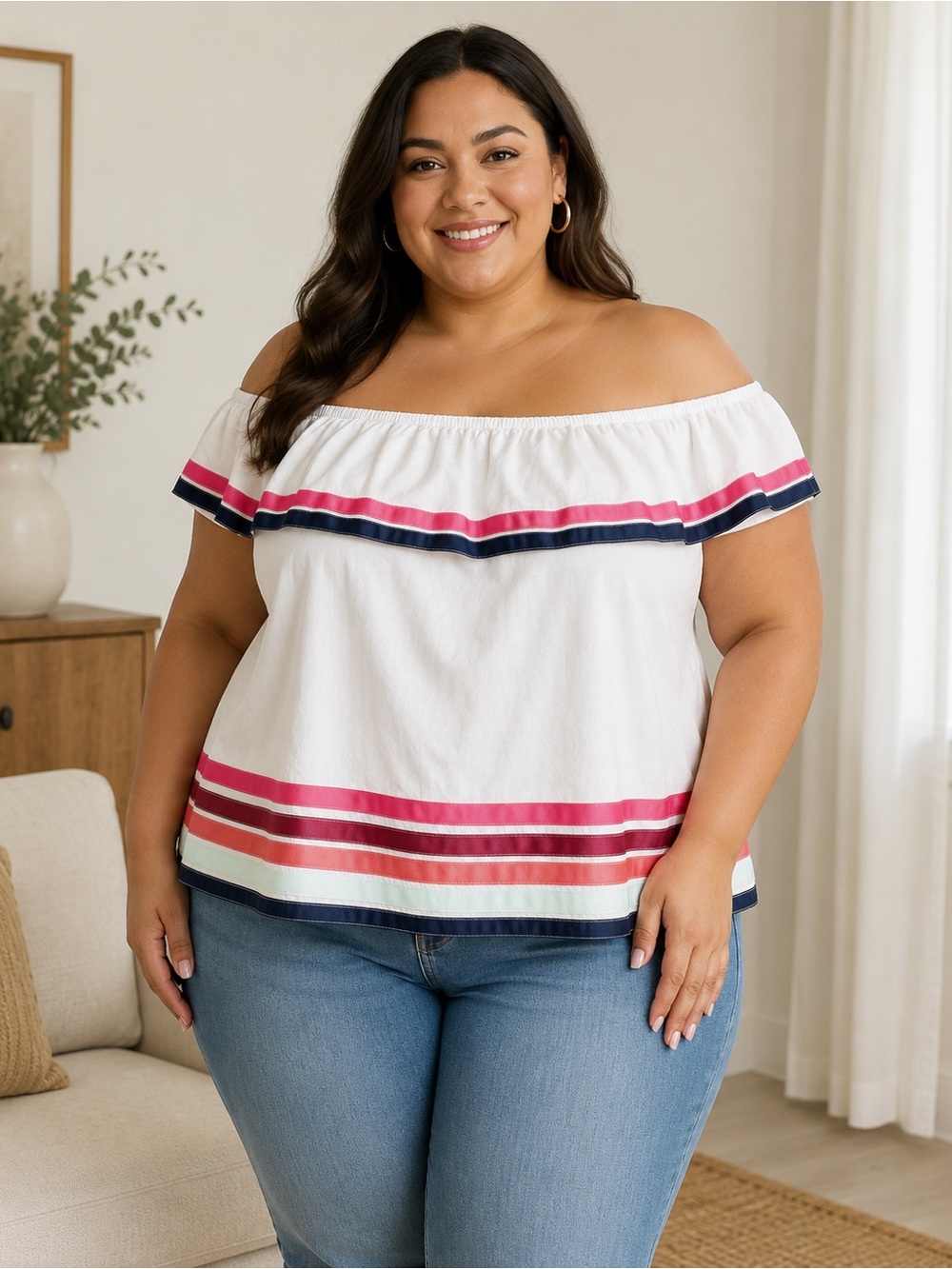 Lane Bryant Womens Blouse Top Size 18 20 White Off Shoulder Ruffle Cotton